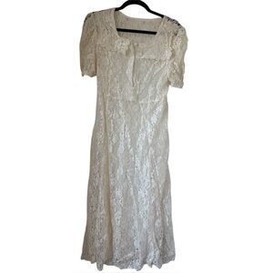 Girls Swat Sz 18 1/2 Cottagecore‎ Drop Dress Floral Lace '90's Vintage Vtg Ivory